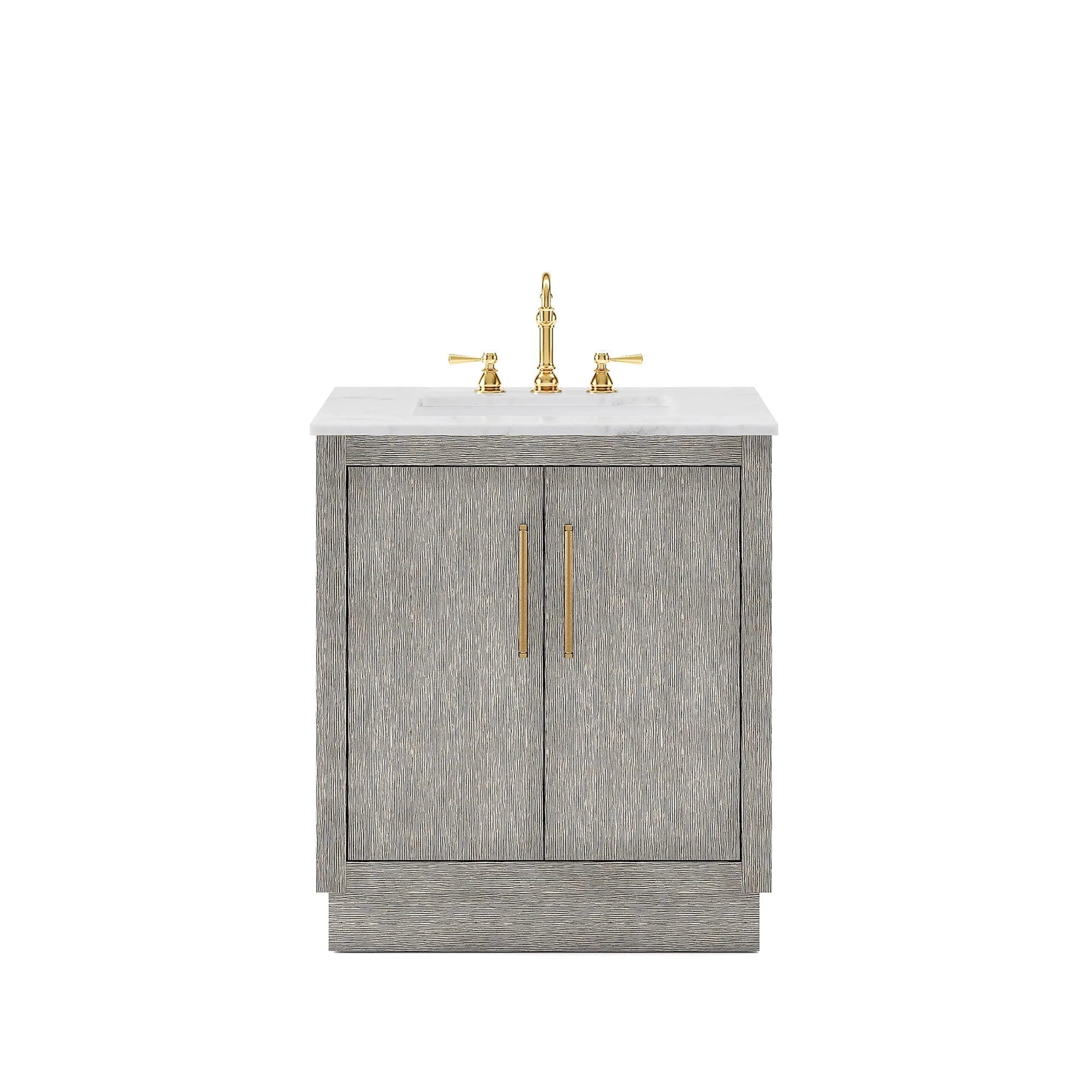 Water Creation Hugo 30" Single Sink Carrara White Marble Countertop Vanity with Satin Gold Pulls and Knobs with Hook Faucet