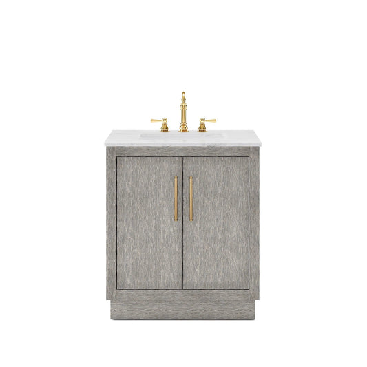 Water Creation Hugo 30" Single Sink Carrara White Marble Countertop Vanity with Satin Gold Pulls and Knobs with Hook Faucet