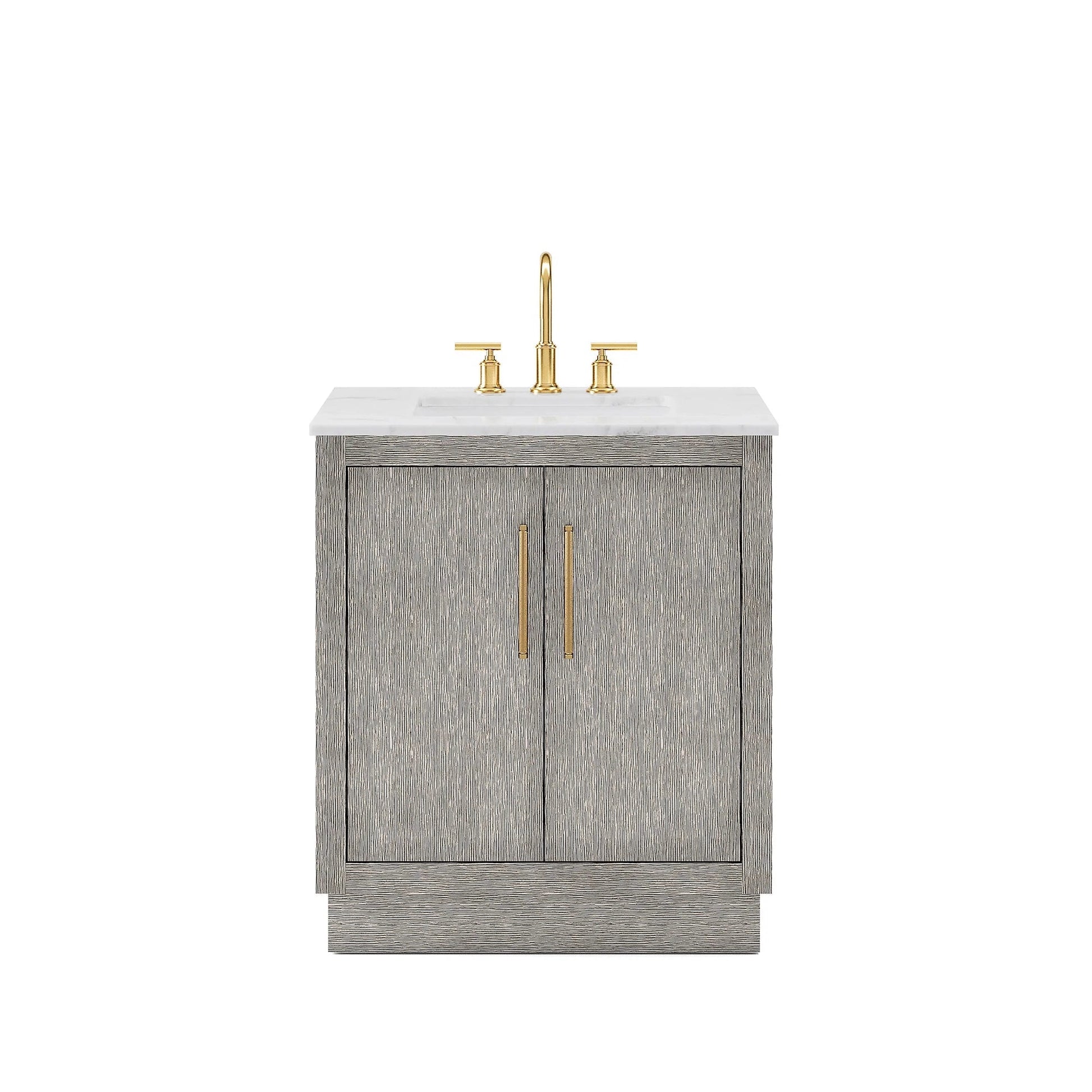 Water Creation Hugo 30" Single Sink Carrara White Marble Countertop Vanity with Satin Gold Pulls and Knobs