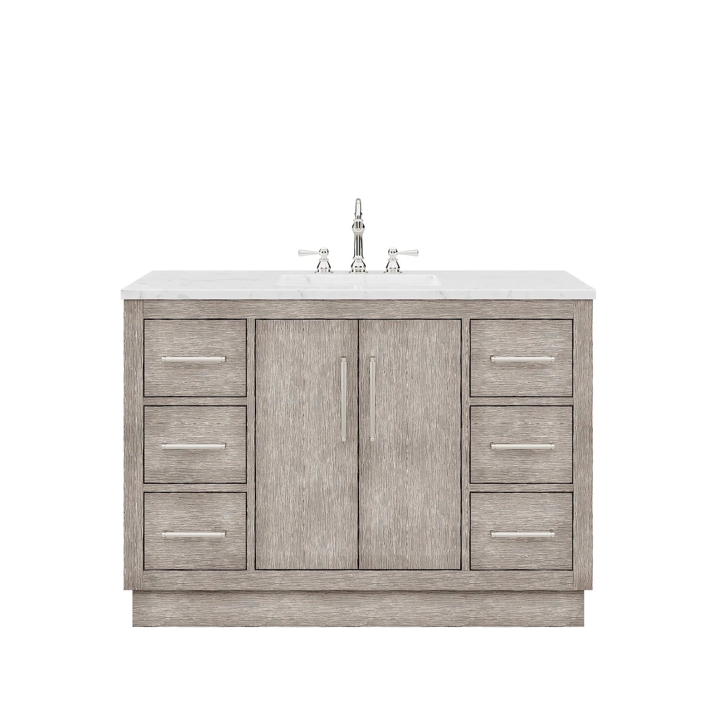 Water Creation Hugo 48" Single Sink Carrara White Marble Countertop Vanity with Chrome Pulls and Knobs with Hook Faucet