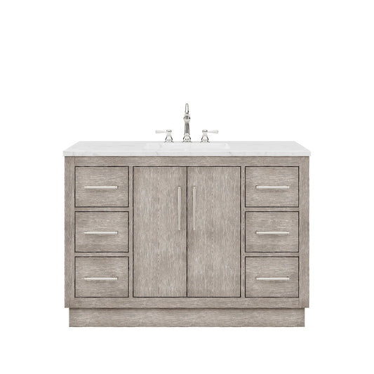Water Creation Hugo 48" Single Sink Carrara White Marble Countertop Vanity with Chrome Pulls and Knobs with Hook Faucet