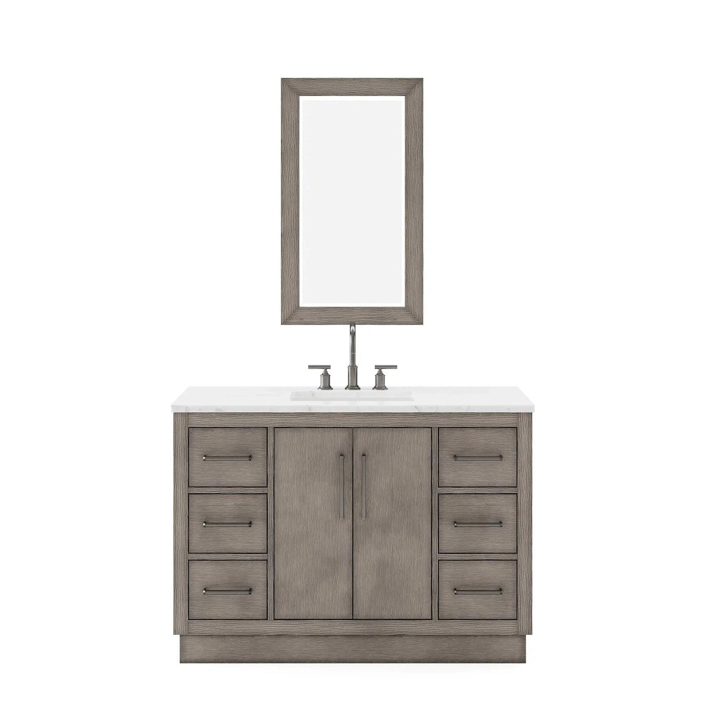 Water Creation Hugo 48" Single Sink Carrara White Marble Countertop Vanity with Oil-Rubbed Bronze Pulls and Knobs with Gooseneck Faucet and Mirror