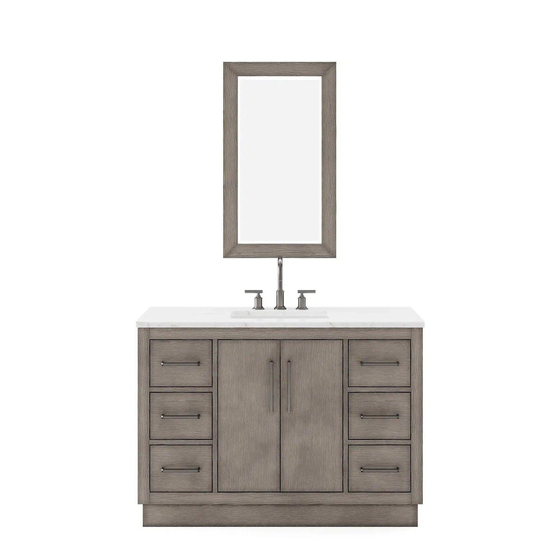 Water Creation Hugo 48" Single Sink Carrara White Marble Countertop Vanity with Oil-Rubbed Bronze Pulls and Knobs with Gooseneck Faucet and Mirror