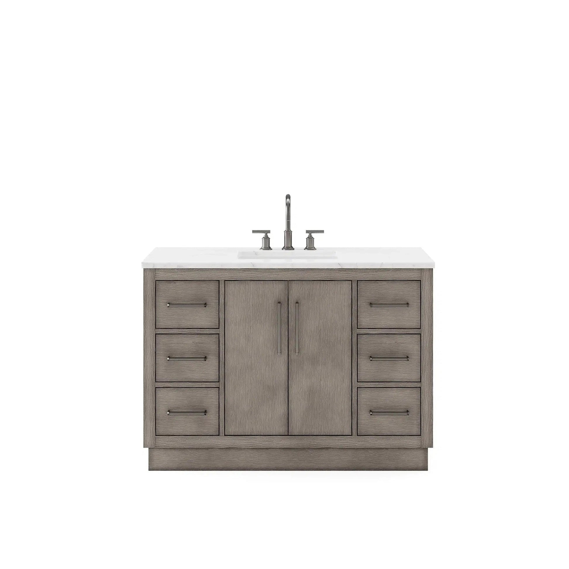 Water Creation Hugo 48" Single Sink Carrara White Marble Countertop Vanity with Oil-Rubbed Bronze Pulls and Knobs with Gooseneck Faucet and Mirror