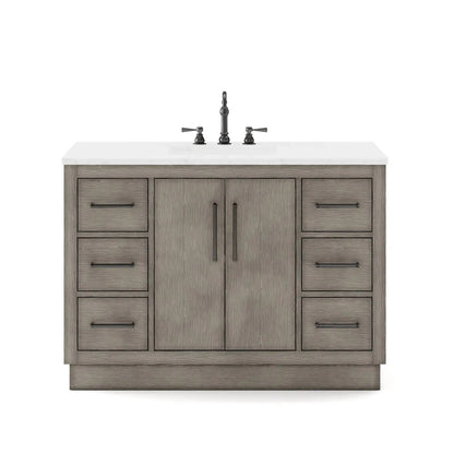 Water Creation Hugo 48" Single Sink Carrara White Marble Countertop Vanity with Oil-Rubbed Bronze Pulls and Knobs with Hook Faucet and Mirror