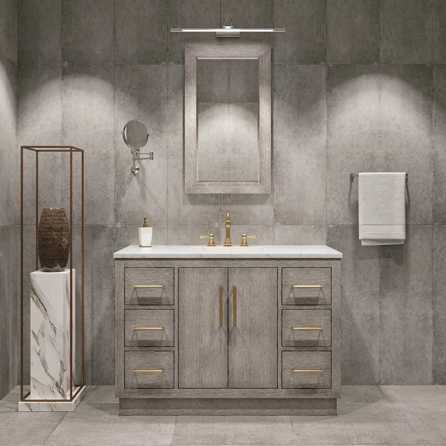 Water Creation Hugo 48" Single Sink Carrara White Marble Countertop Vanity with Satin Gold Pulls and Knobs And Mirror