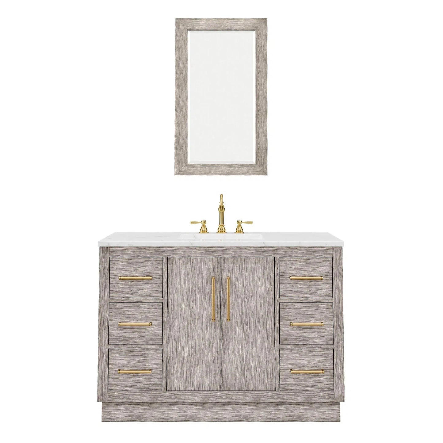 Water Creation Hugo 48" Single Sink Carrara White Marble Countertop Vanity with Satin Gold Pulls and Knobs And Mirror
