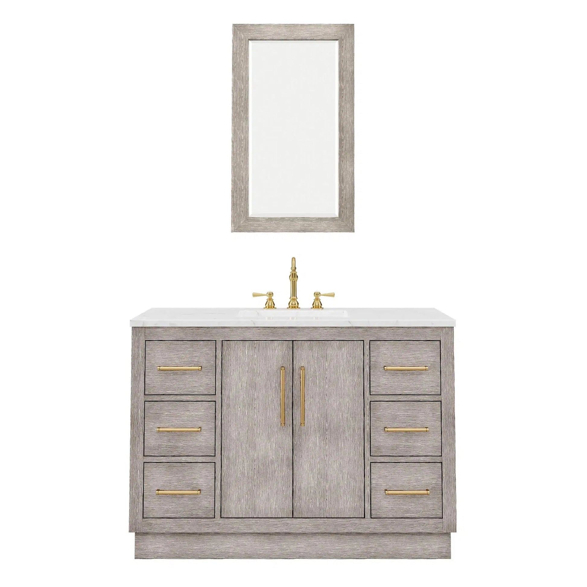 Water Creation Hugo 48" Single Sink Carrara White Marble Countertop Vanity with Satin Gold Pulls and Knobs And Mirror