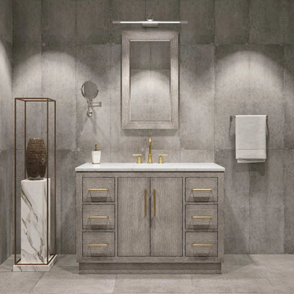 Water Creation Hugo 48" Single Sink Carrara White Marble Countertop Vanity with Satin Gold Pulls and Knobs with Gooseneck Faucet and Mirror