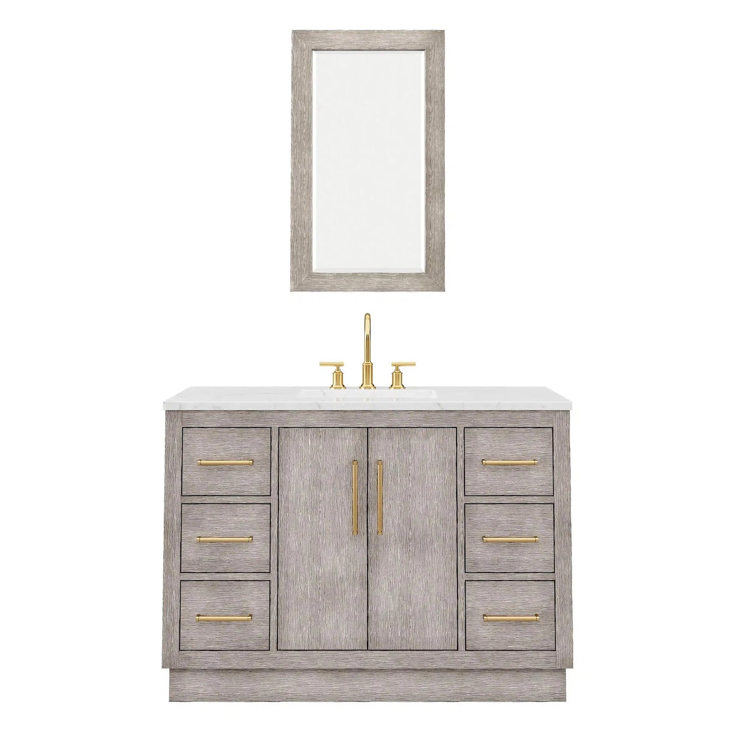 Water Creation Hugo 48" Single Sink Carrara White Marble Countertop Vanity with Satin Gold Pulls and Knobs with Gooseneck Faucet and Mirror