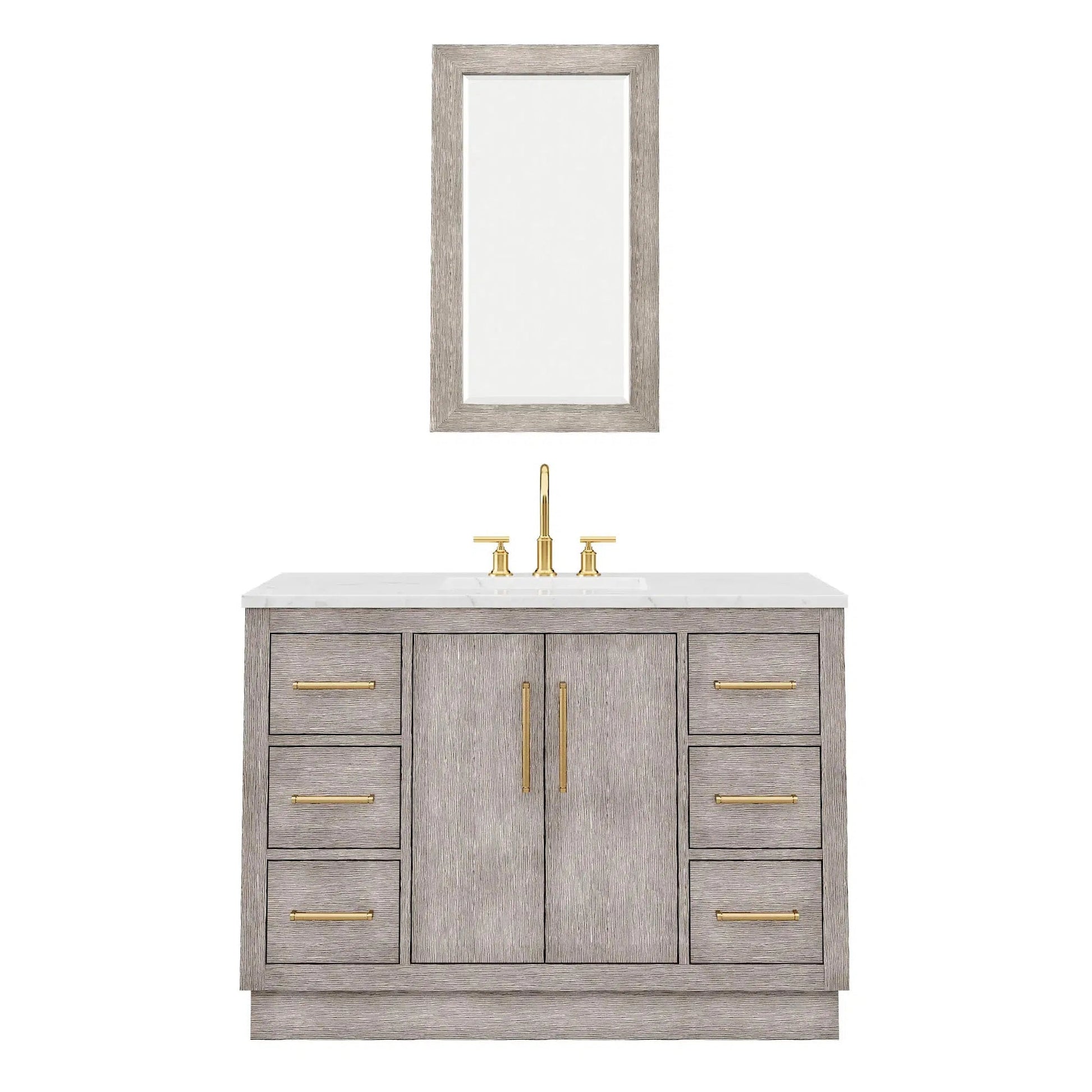 Water Creation Hugo 48" Single Sink Carrara White Marble Countertop Vanity with Satin Gold Pulls and Knobs with Gooseneck Faucet and Mirror