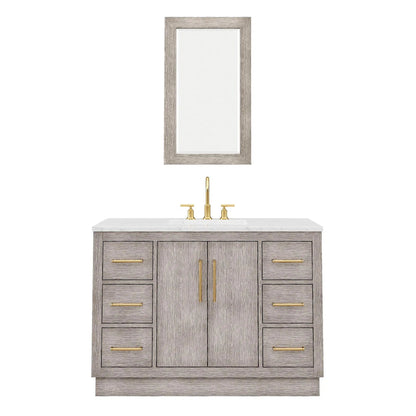 Water Creation Hugo 48" Single Sink Carrara White Marble Countertop Vanity with Satin Gold Pulls and Knobs with Gooseneck Faucet and Mirror