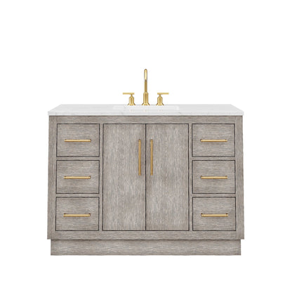 Water Creation Hugo 48" Single Sink Carrara White Marble Countertop Vanity with Satin Gold Pulls and Knobs with Gooseneck Faucet and Mirror