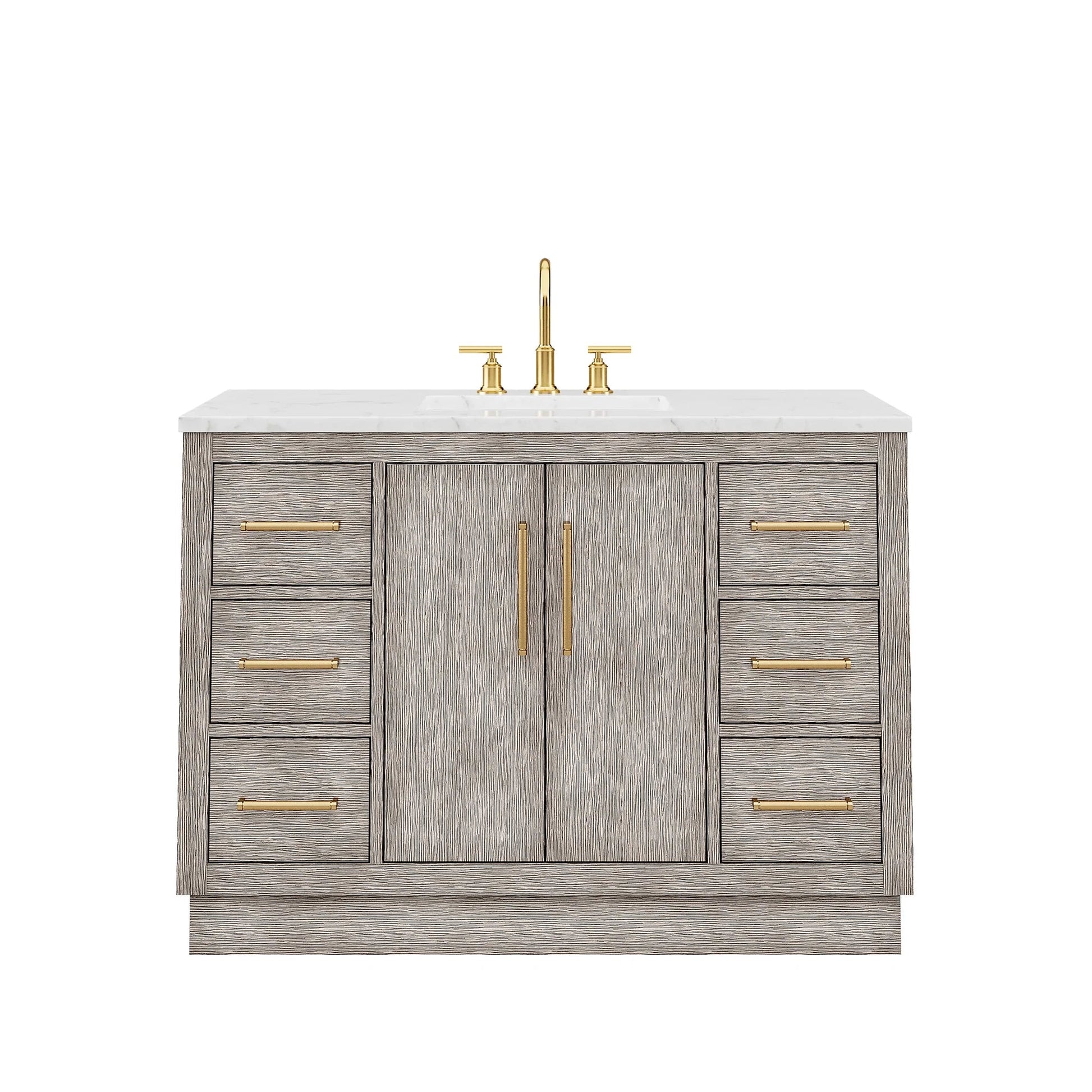 Water Creation Hugo 48" Single Sink Carrara White Marble Countertop Vanity with Satin Gold Pulls and Knobs with Gooseneck Faucet