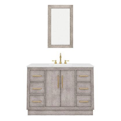 Water Creation Hugo 48" Single Sink Carrara White Marble Countertop Vanity with Satin Gold Pulls and Knobs with Hook Faucet and Mirror
