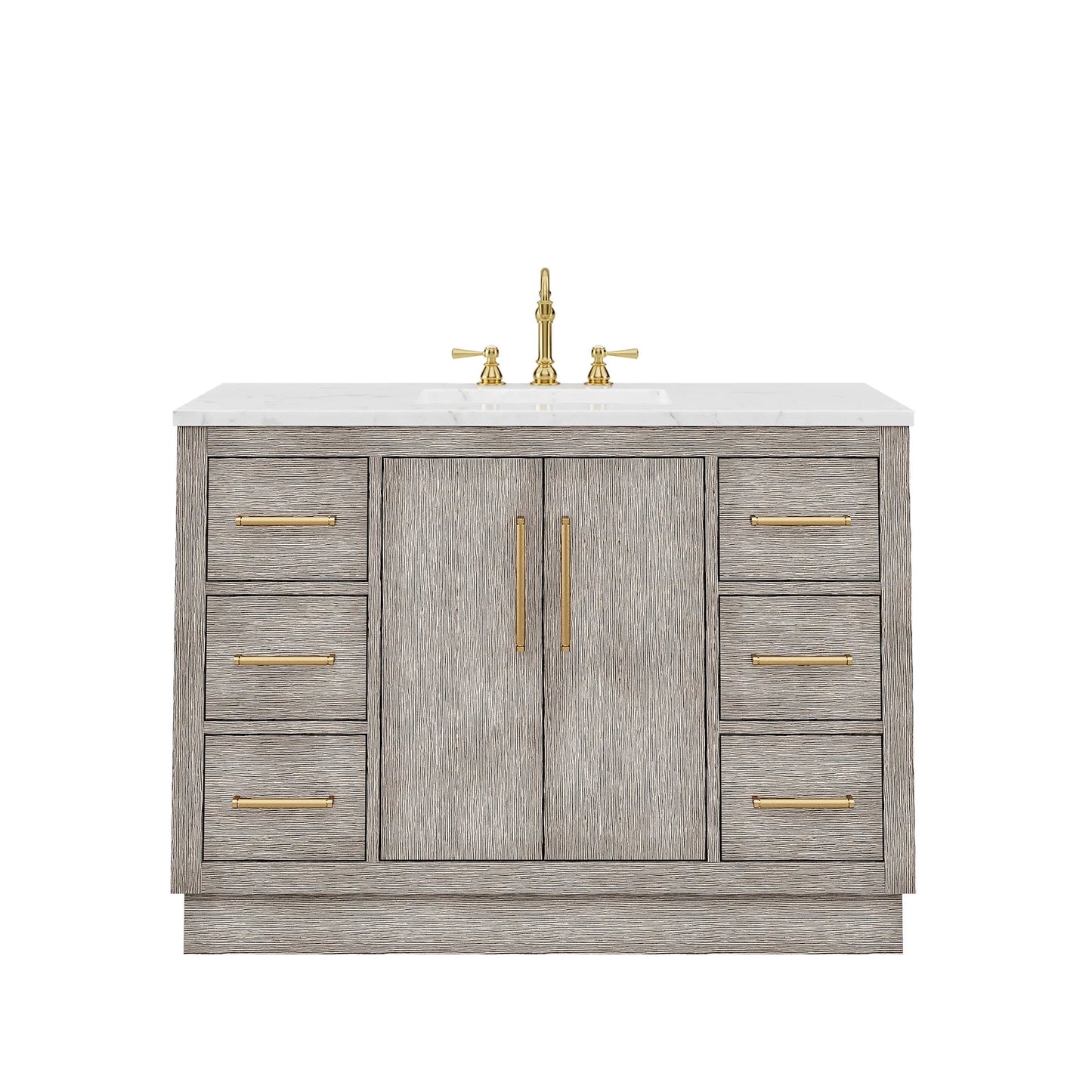 Water Creation Hugo 48" Single Sink Carrara White Marble Countertop Vanity with Satin Gold Pulls and Knobs with Hook Faucet and Mirror