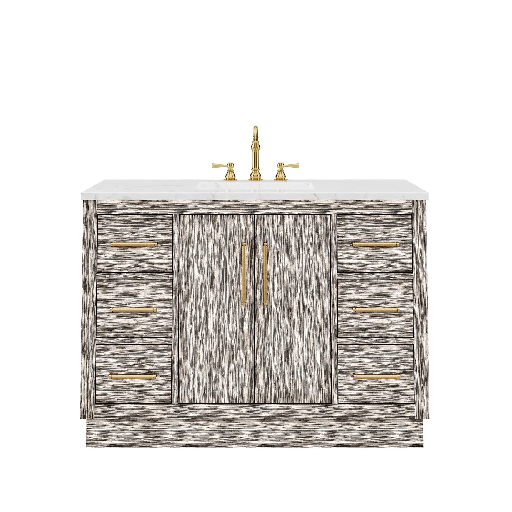 Water Creation Hugo 48" Single Sink Carrara White Marble Countertop Vanity with Satin Gold Pulls and Knobs with Hook Faucet and Mirror