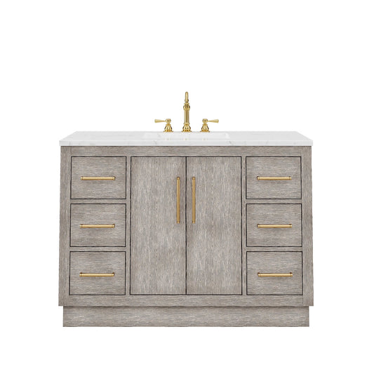 Water Creation Hugo 48" Single Sink Carrara White Marble Countertop Vanity with Satin Gold Pulls and Knobs with Hook Faucet