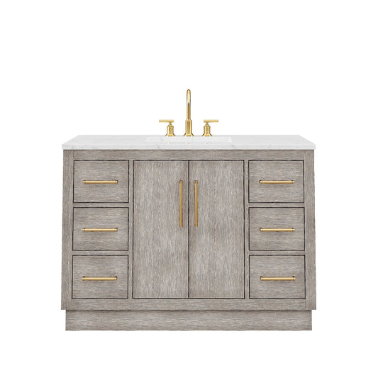 Water Creation Hugo 48" Single Sink Carrara White Marble Countertop Vanity with Satin Gold Pulls and Knobs