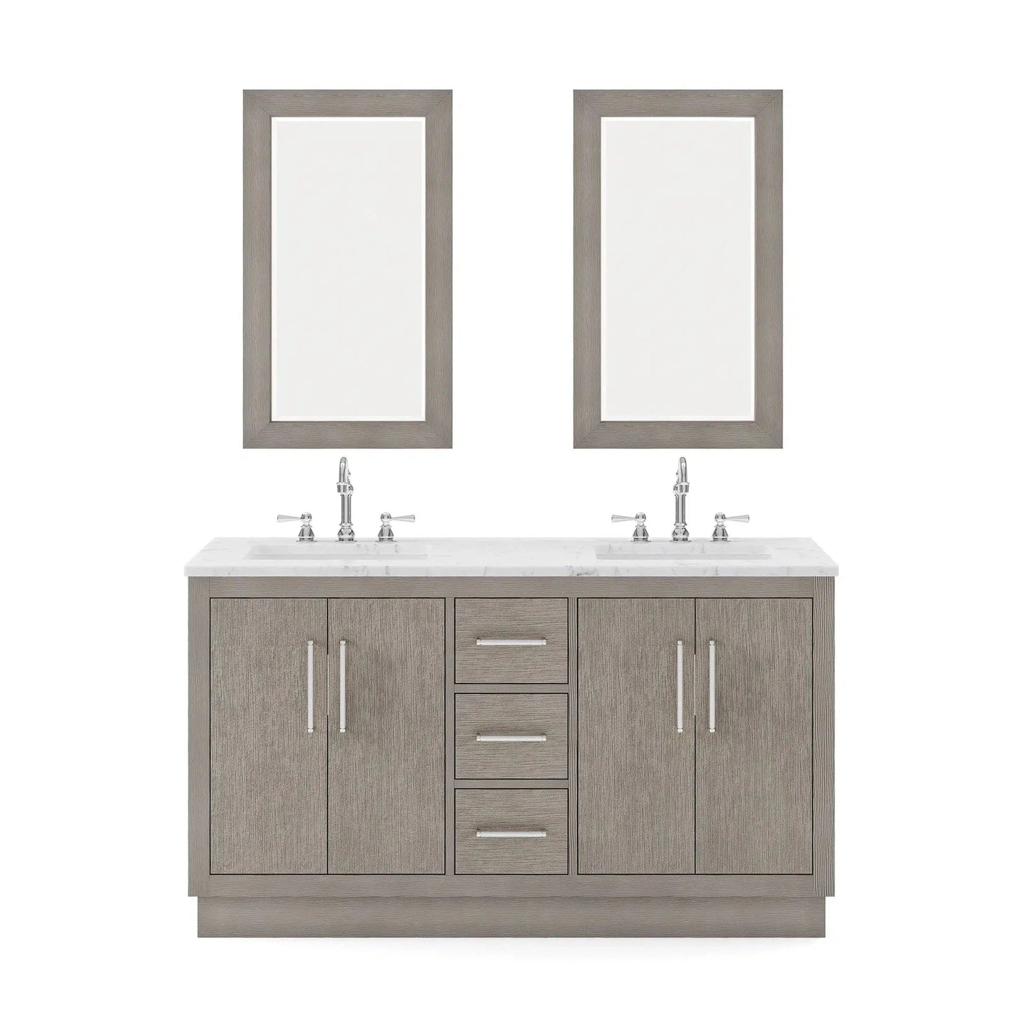 Water Creation Hugo 60" Double Sink Carrara White Marble Countertop Vanity with Chrome Pulls and Knobs And Mirrors