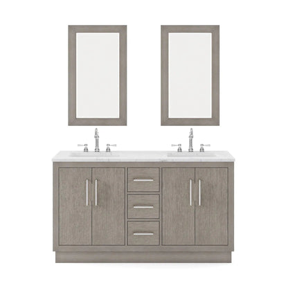 Water Creation Hugo 60" Double Sink Carrara White Marble Countertop Vanity with Chrome Pulls and Knobs And Mirrors