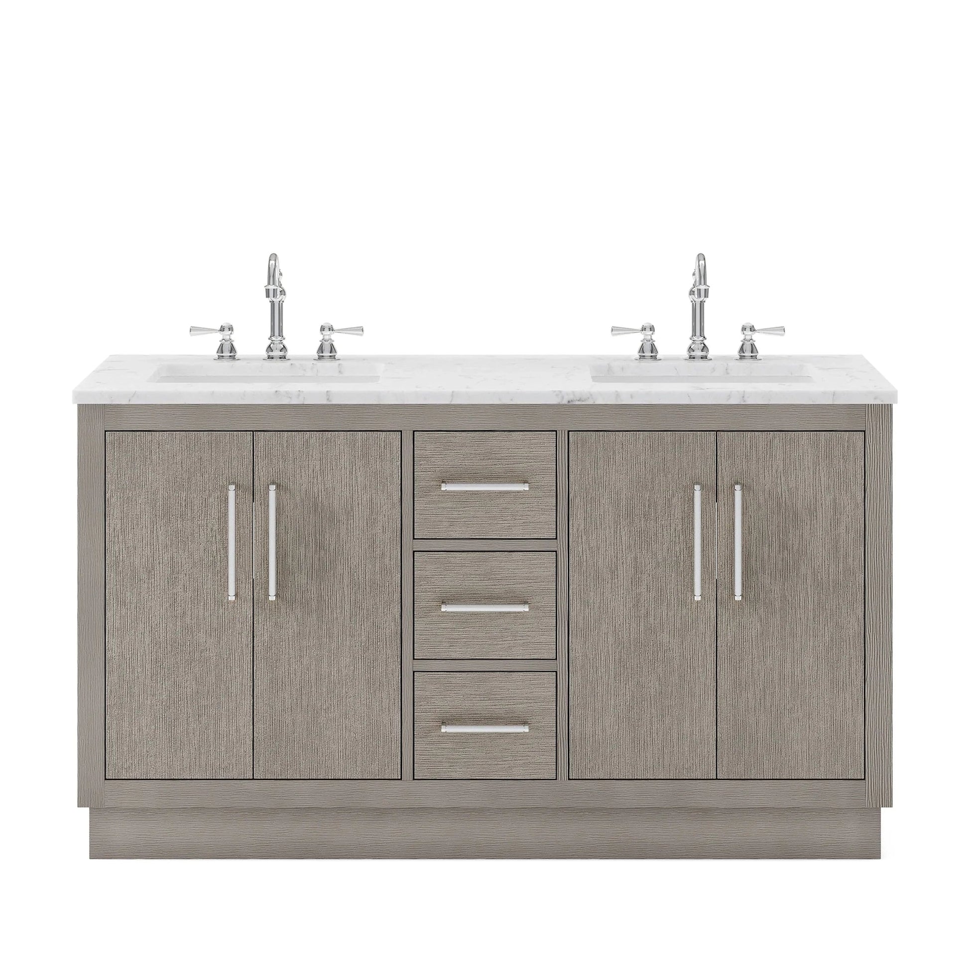 Water Creation Hugo 60" Double Sink Carrara White Marble Countertop Vanity with Chrome Pulls and Knobs And Mirrors