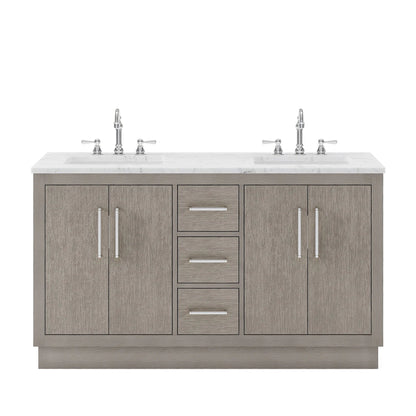 Water Creation Hugo 60" Double Sink Carrara White Marble Countertop Vanity with Chrome Pulls and Knobs And Mirrors