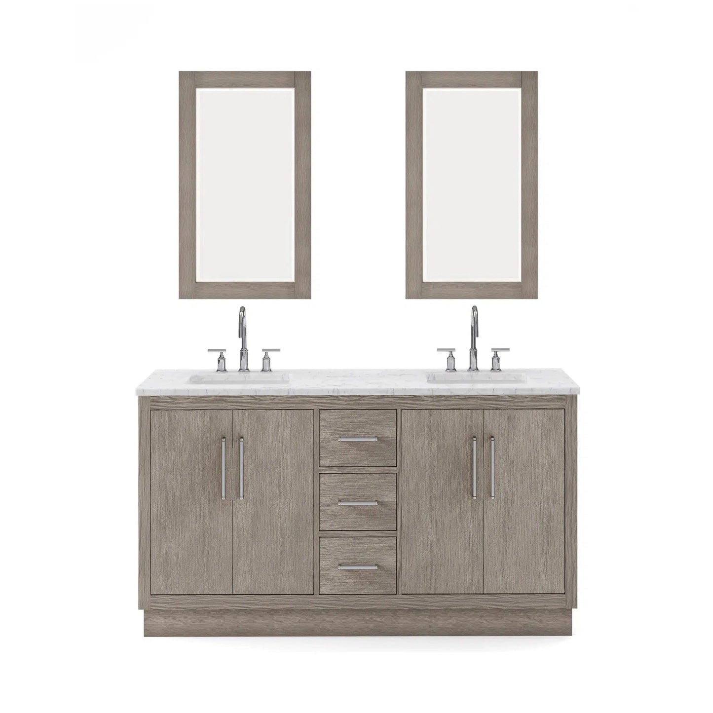 Water Creation Hugo 60" Double Sink Carrara White Marble Countertop Vanity with Chrome Pulls and Knobs with Gooseneck Faucets and Mirrors