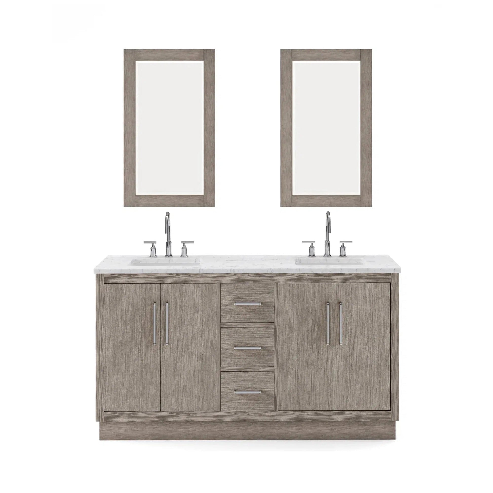 Water Creation Hugo 60" Double Sink Carrara White Marble Countertop Vanity with Chrome Pulls and Knobs with Gooseneck Faucets and Mirrors