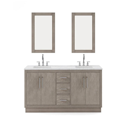Water Creation Hugo 60" Double Sink Carrara White Marble Countertop Vanity with Chrome Pulls and Knobs with Gooseneck Faucets and Mirrors