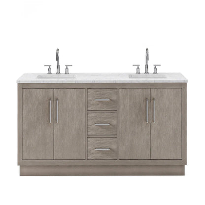 Water Creation Hugo 60" Double Sink Carrara White Marble Countertop Vanity with Chrome Pulls and Knobs with Gooseneck Faucets and Mirrors