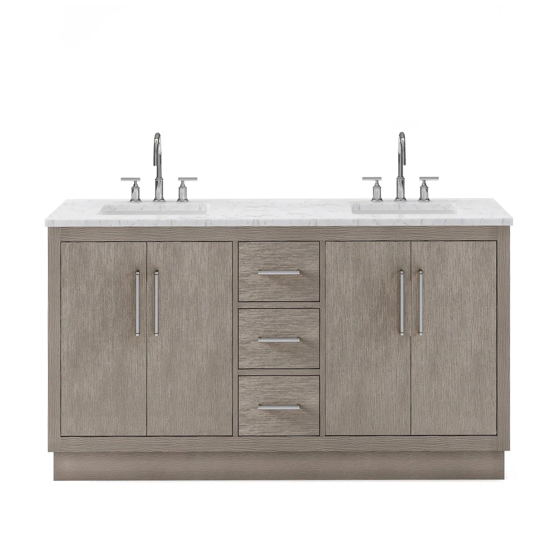 Water Creation Hugo 60" Double Sink Carrara White Marble Countertop Vanity with Chrome Pulls and Knobs with Gooseneck Faucets