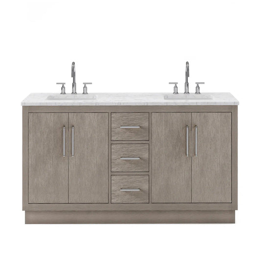 Water Creation Hugo 60" Double Sink Carrara White Marble Countertop Vanity with Chrome Pulls and Knobs with Gooseneck Faucets