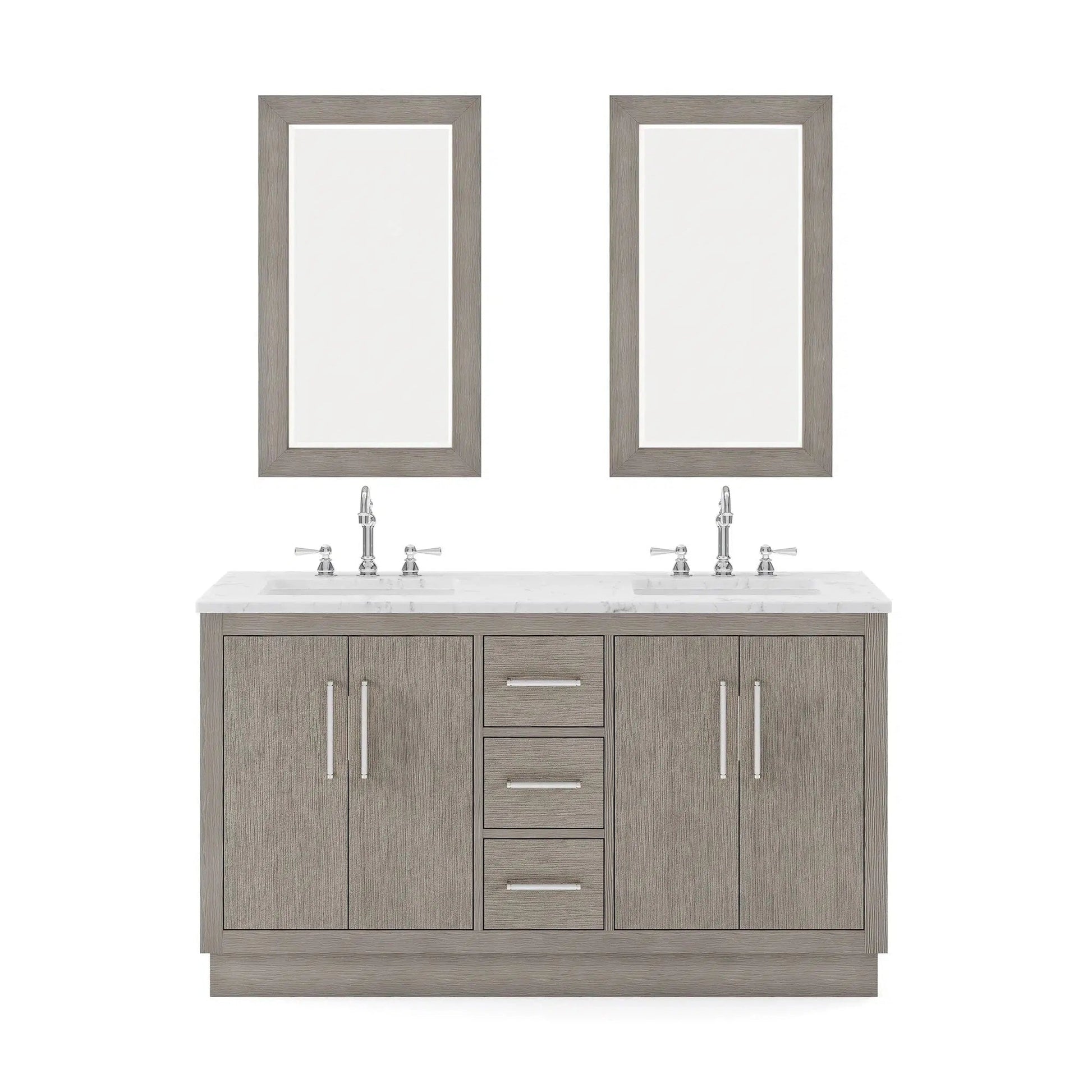 Water Creation Hugo 60" Double Sink Carrara White Marble Countertop Vanity with Chrome Pulls and Knobs with Hook Faucets and Mirrors