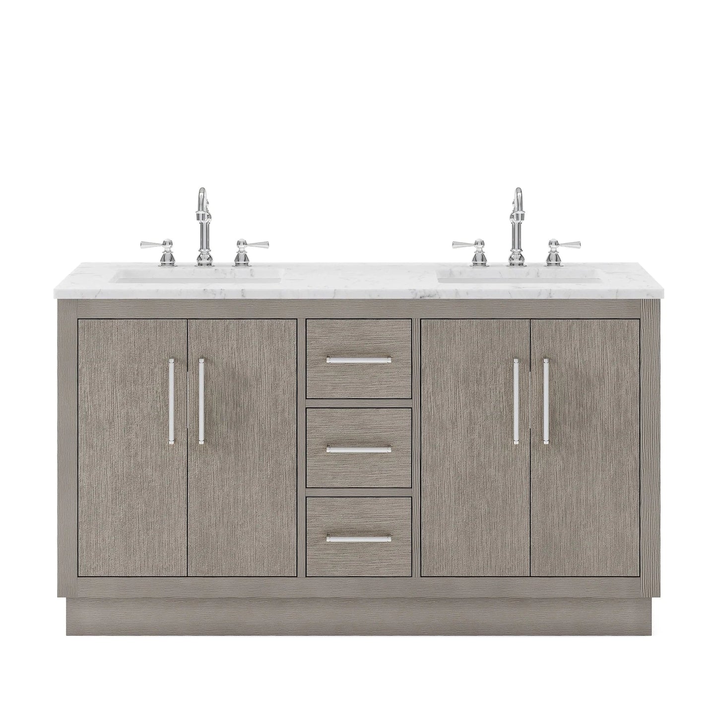 Water Creation Hugo 60" Double Sink Carrara White Marble Countertop Vanity with Chrome Pulls and Knobs with Hook Faucets