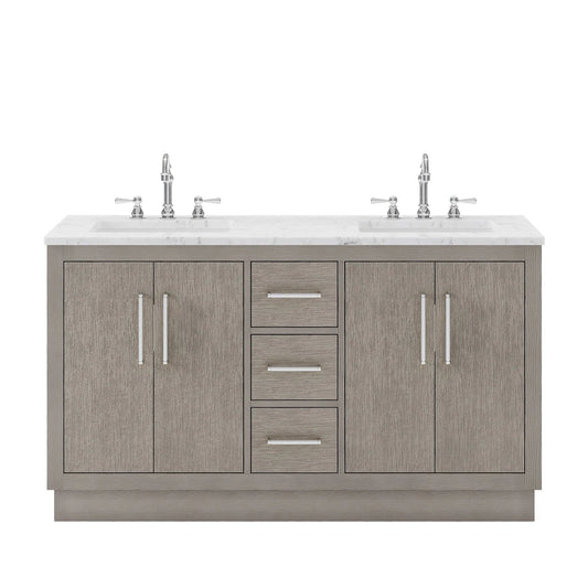 Water Creation Hugo 60" Double Sink Carrara White Marble Countertop Vanity with Chrome Pulls and Knobs with Hook Faucets