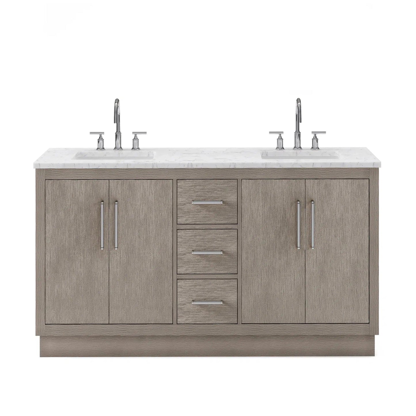 Water Creation Hugo 60" Double Sink Carrara White Marble Countertop Vanity with Chrome Pulls and Knobs