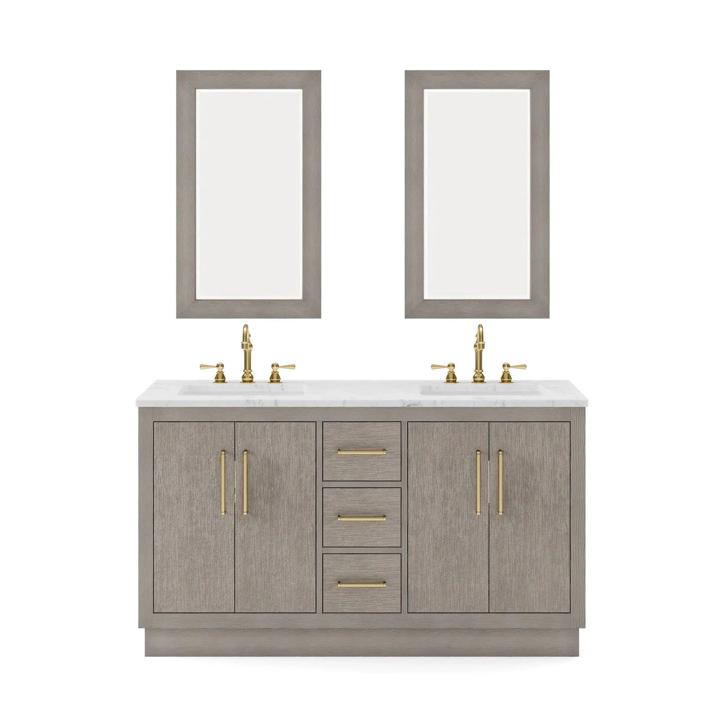 Water Creation Hugo 60" Double Sink Carrara White Marble Countertop Vanity with Satin Gold Pulls and Knobs And Mirrors