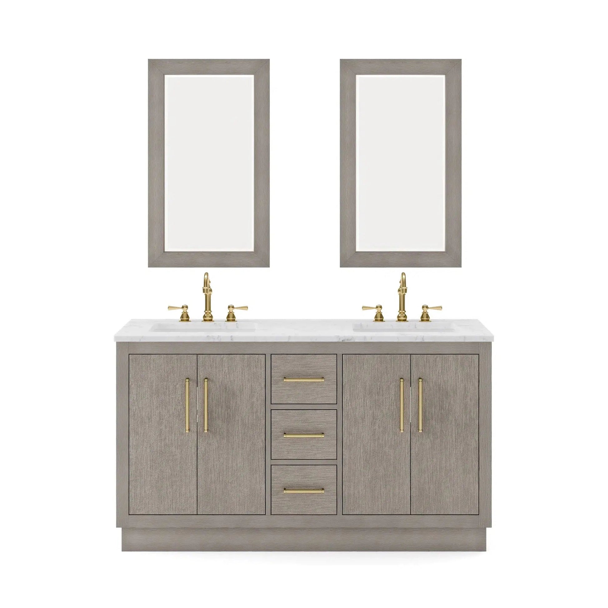 Water Creation Hugo 60" Double Sink Carrara White Marble Countertop Vanity with Satin Gold Pulls and Knobs And Mirrors
