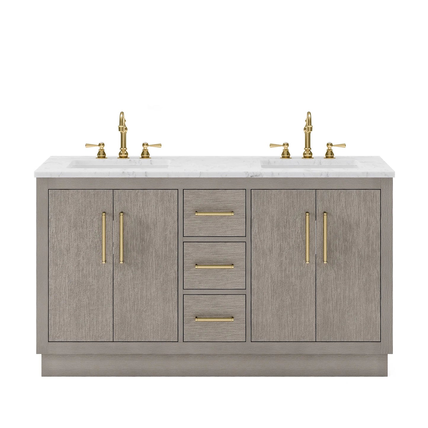 Water Creation Hugo 60" Double Sink Carrara White Marble Countertop Vanity with Satin Gold Pulls and Knobs And Mirrors