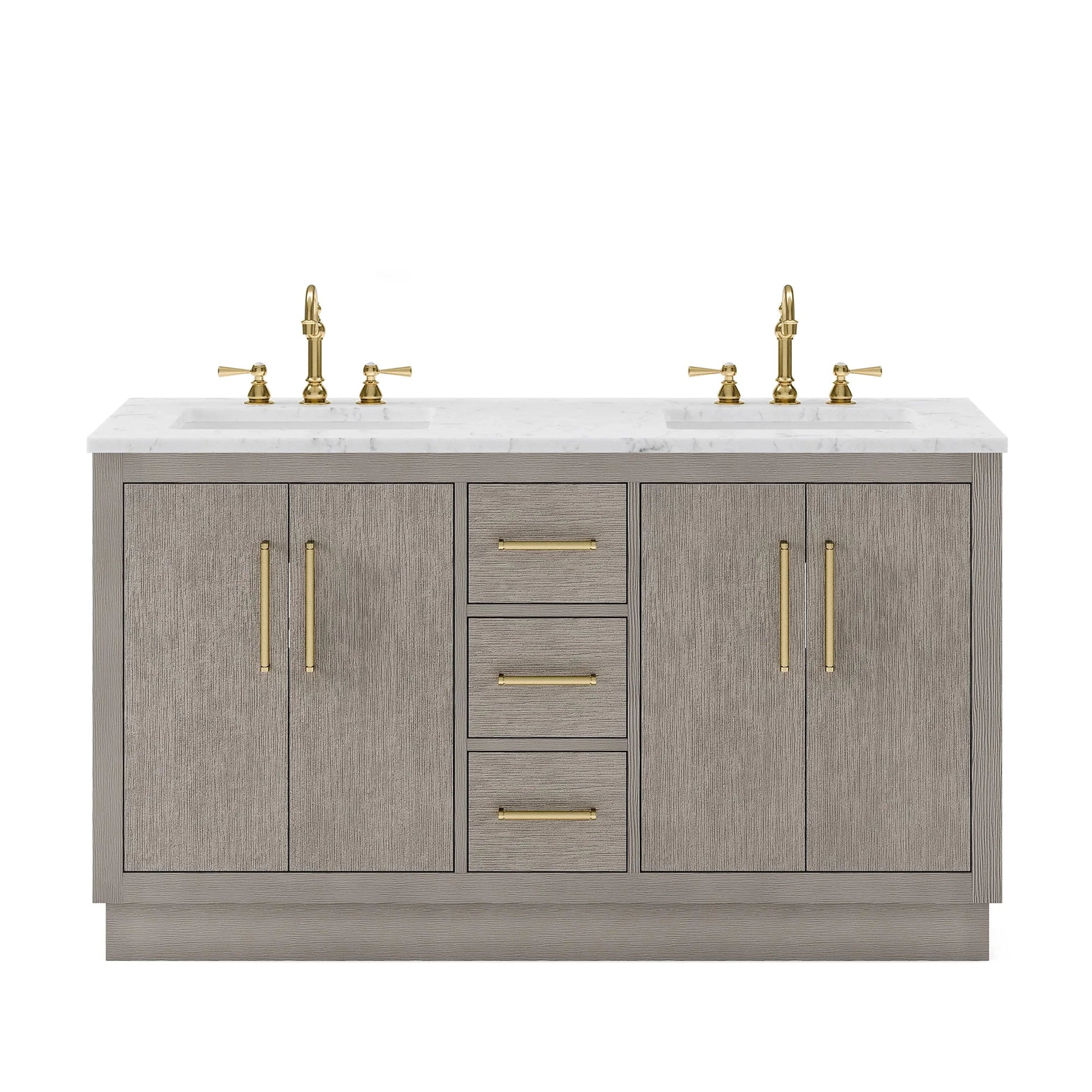 Water Creation Hugo 60" Double Sink Carrara White Marble Countertop Vanity with Satin Gold Pulls and Knobs And Mirrors
