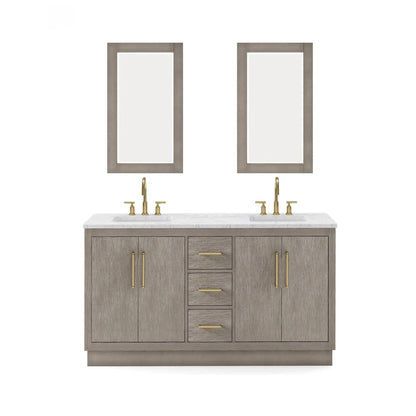Water Creation Hugo 60" Double Sink Carrara White Marble Countertop Vanity with Satin Gold Pulls and Knobs with Gooseneck Faucets and Mirrors