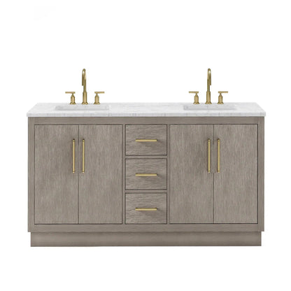 Water Creation Hugo 60" Double Sink Carrara White Marble Countertop Vanity with Satin Gold Pulls and Knobs with Gooseneck Faucets and Mirrors