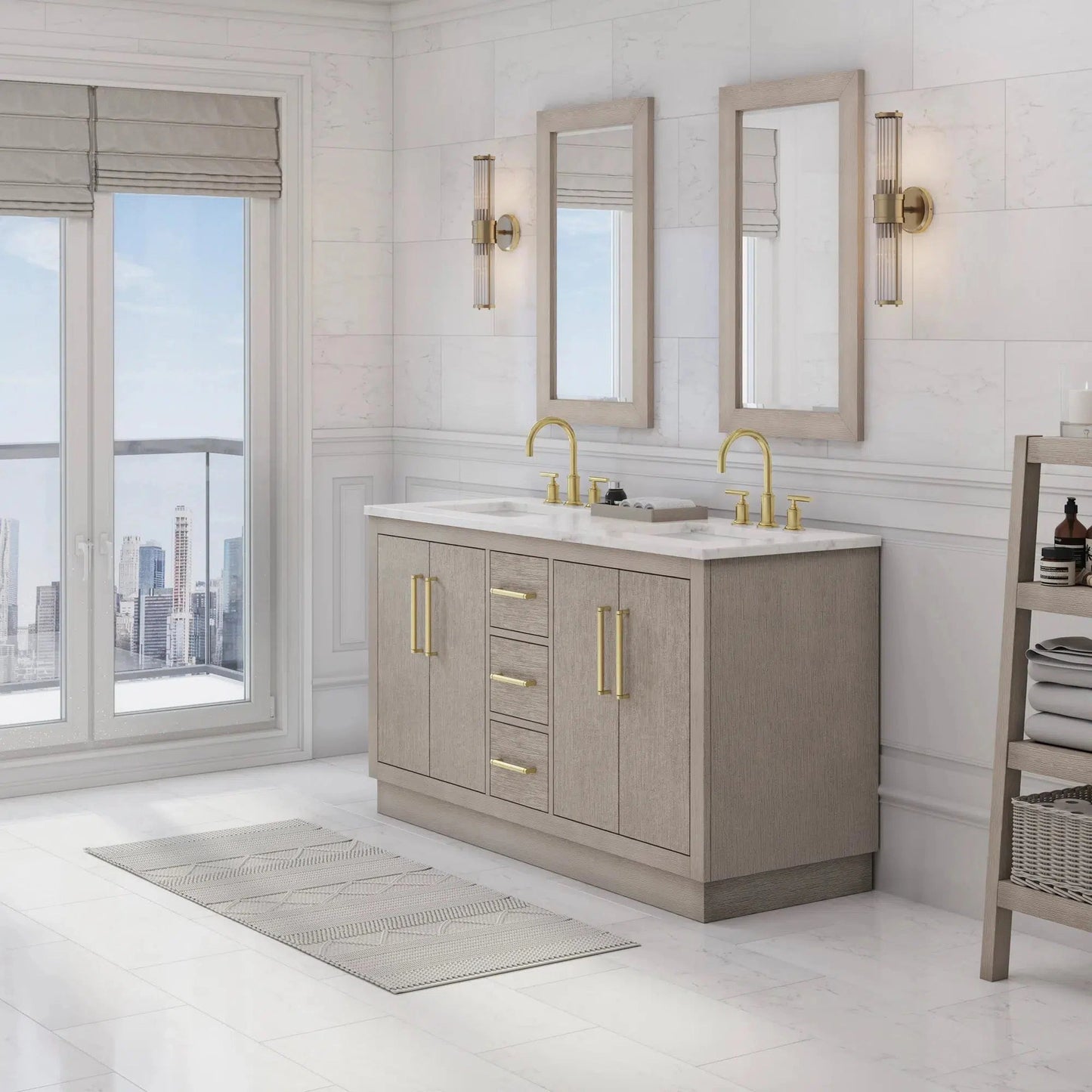 Water Creation Hugo 60" Double Sink Carrara White Marble Countertop Vanity with Satin Gold Pulls and Knobs with Gooseneck Faucets and Mirrors