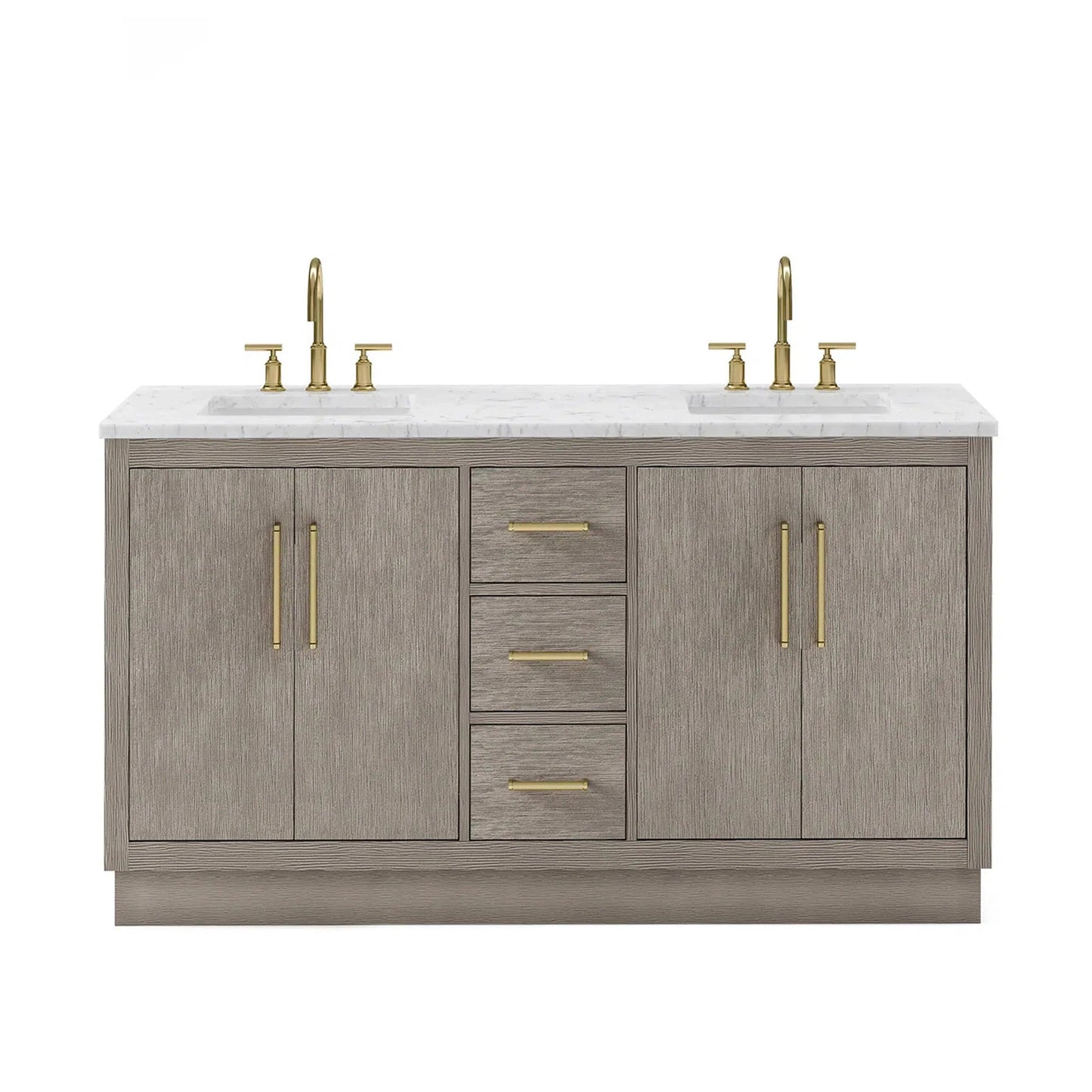 Water Creation Hugo 60" Double Sink Carrara White Marble Countertop Vanity with Satin Gold Pulls and Knobs with Gooseneck Faucets