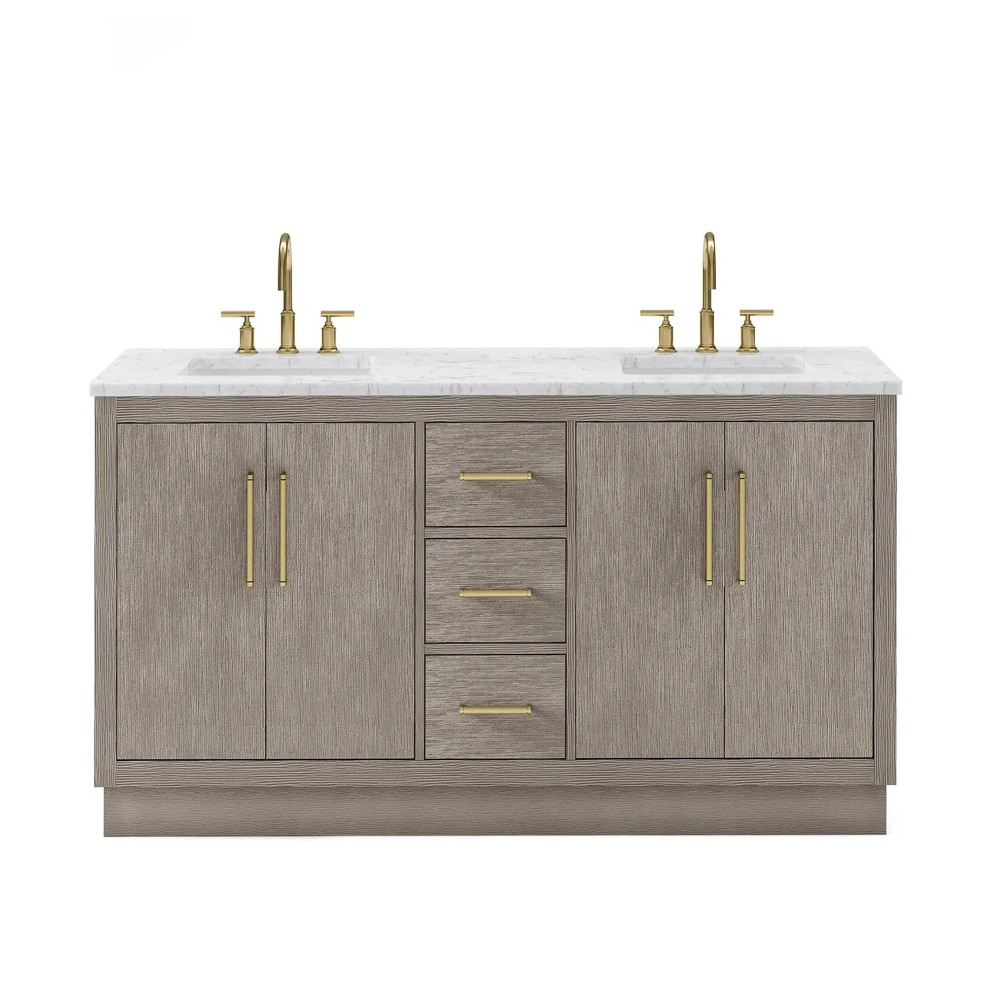Water Creation Hugo 60" Double Sink Carrara White Marble Countertop Vanity with Satin Gold Pulls and Knobs with Gooseneck Faucets