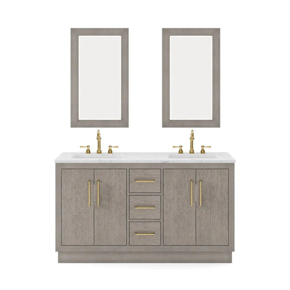 Water Creation Hugo 60" Double Sink Carrara White Marble Countertop Vanity with Satin Gold Pulls and Knobs with Hook Faucets and Mirrors