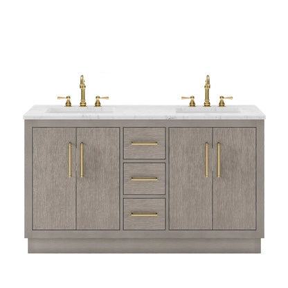 Water Creation Hugo 60" Double Sink Carrara White Marble Countertop Vanity with Satin Gold Pulls and Knobs with Hook Faucets and Mirrors