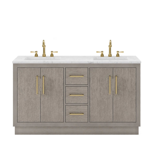 Water Creation Hugo 60" Double Sink Carrara White Marble Countertop Vanity with Satin Gold Pulls and Knobs with Hook Faucets