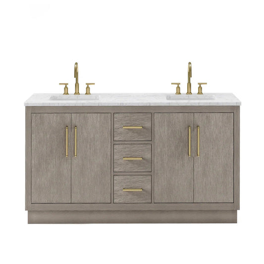 Water Creation Hugo 60" Double Sink Carrara White Marble Countertop Vanity with Satin Gold Pulls and Knobs